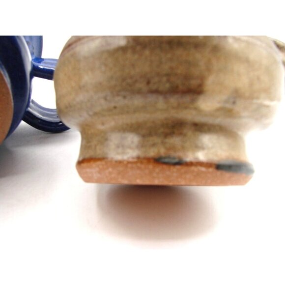 Two Vintage Stoneware Mugs Cups Blue Brown Wide Mouth Reverse Handle Artist Sign - Picture 12 of 14